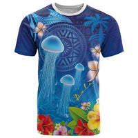 Fiji Jellyfish T Shirt Tapa Patterns and Hibiscus Sea Vibe LT03 Blue - Polynesian Pride