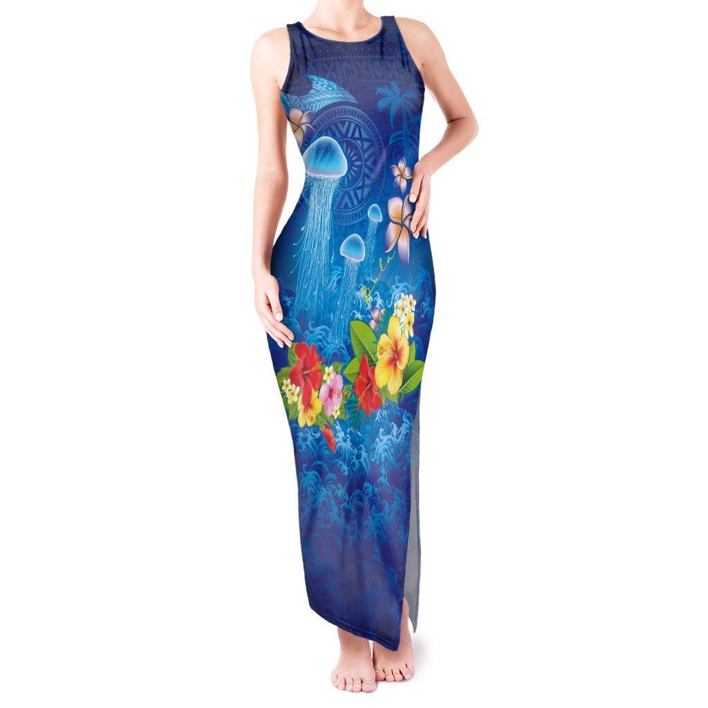 Fiji Jellyfish Tank Maxi Dress Tapa Patterns and Hibiscus Sea Vibe
