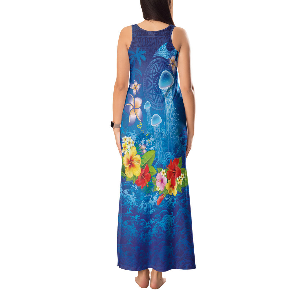Fiji Jellyfish Tank Maxi Dress Tapa Patterns and Hibiscus Sea Vibe LT03 - Polynesian Pride