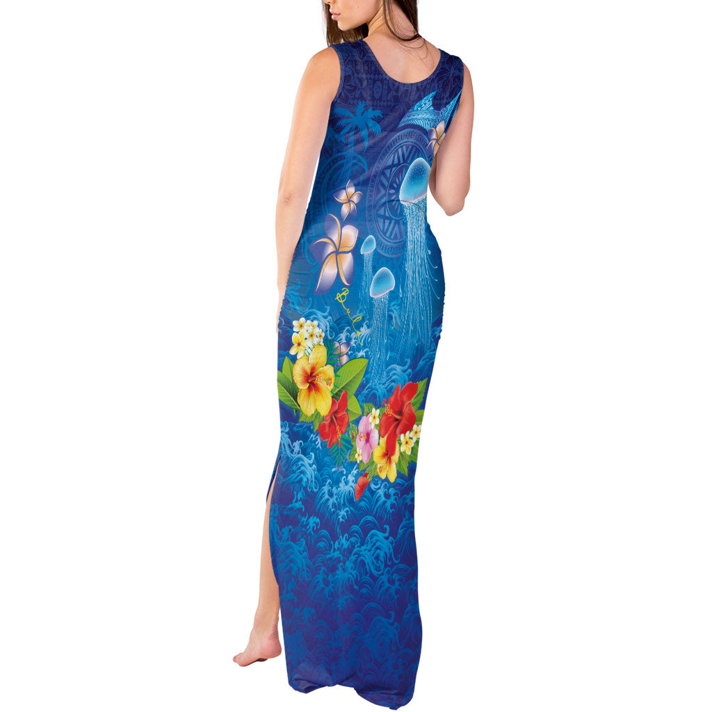 Fiji Jellyfish Tank Maxi Dress Tapa Patterns and Hibiscus Sea Vibe LT03 - Polynesian Pride
