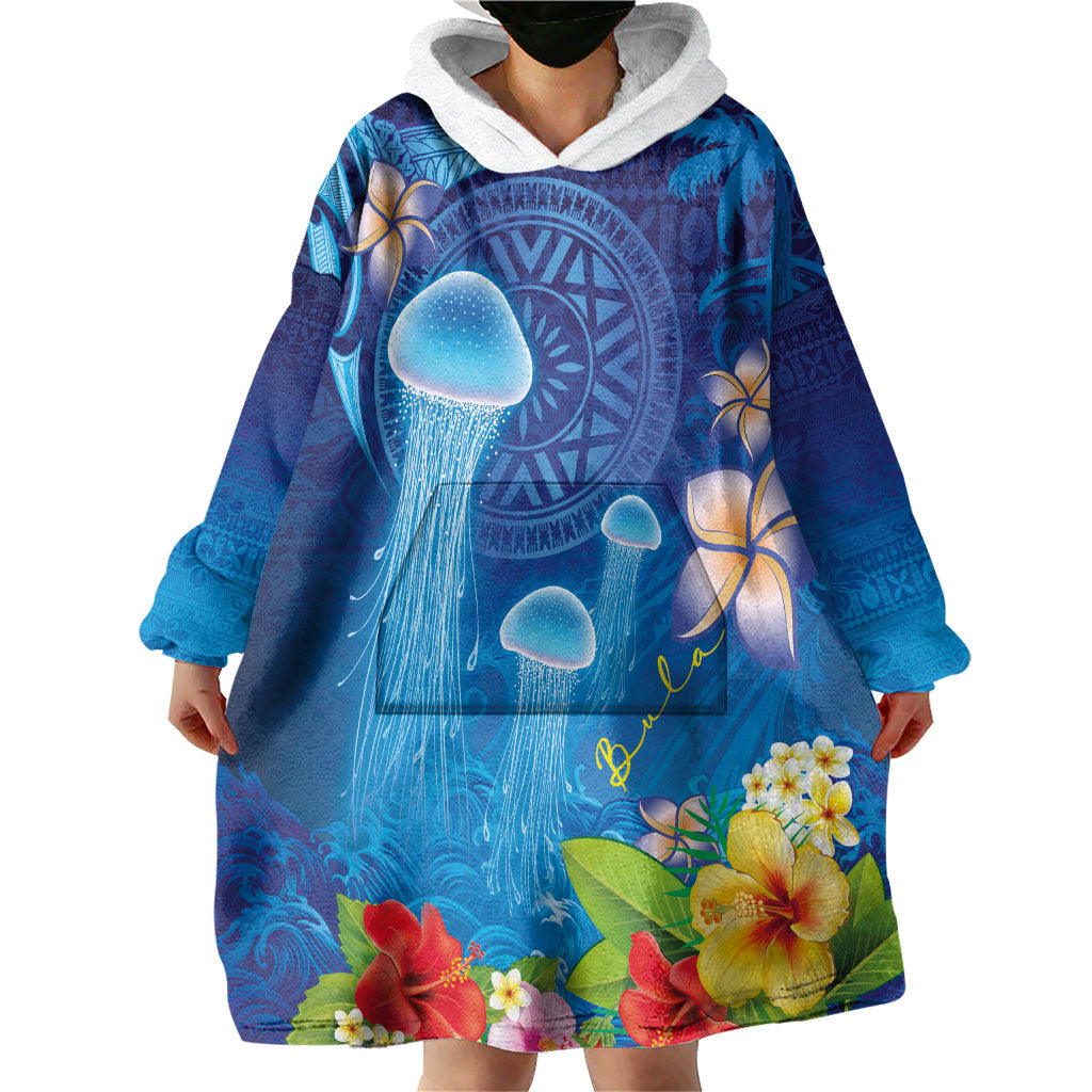 Fiji Jellyfish Wearable Blanket Hoodie Tapa Patterns and Hibiscus Sea Vibe LT03 - Polynesian Pride