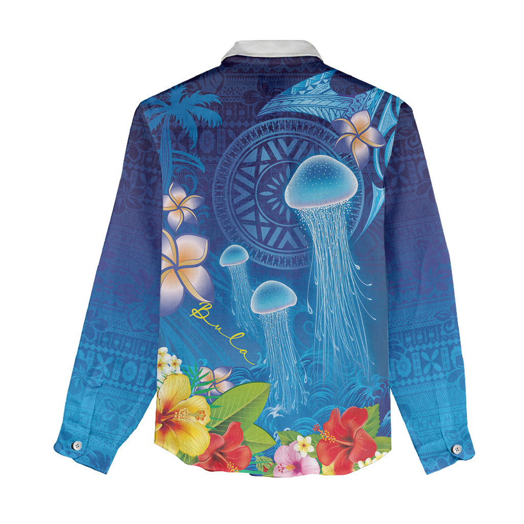 Fiji Jellyfish Women Casual Shirt Tapa Patterns and Hibiscus Sea Vibe LT03 - Polynesian Pride