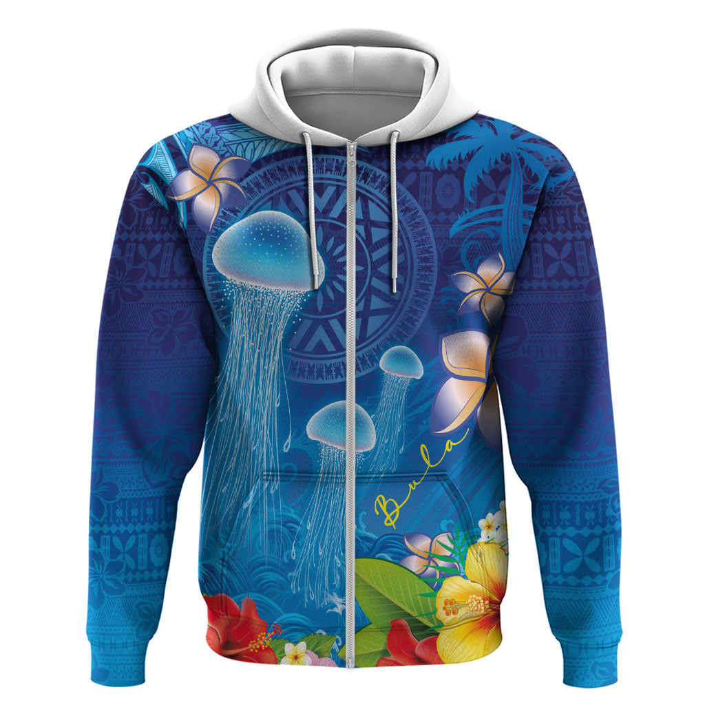 Fiji Jellyfish Zip Hoodie Tapa Patterns and Hibiscus Sea Vibe