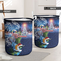 New Zealand Merry Christmas Laundry Basket Maori Tribal Pattern with Xmas Tui Bird