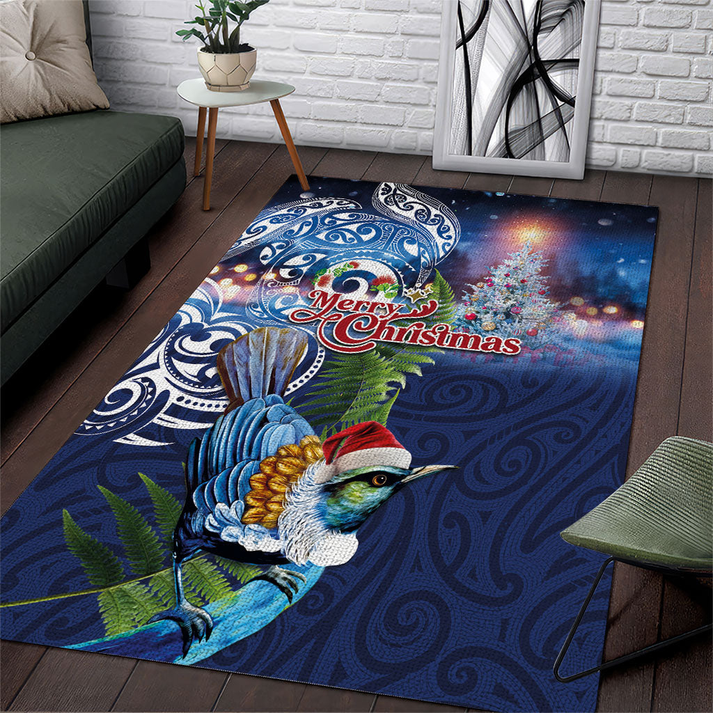 New Zealand Merry Christmas Area Rug Maori Tribal Pattern with Xmas Tui Bird