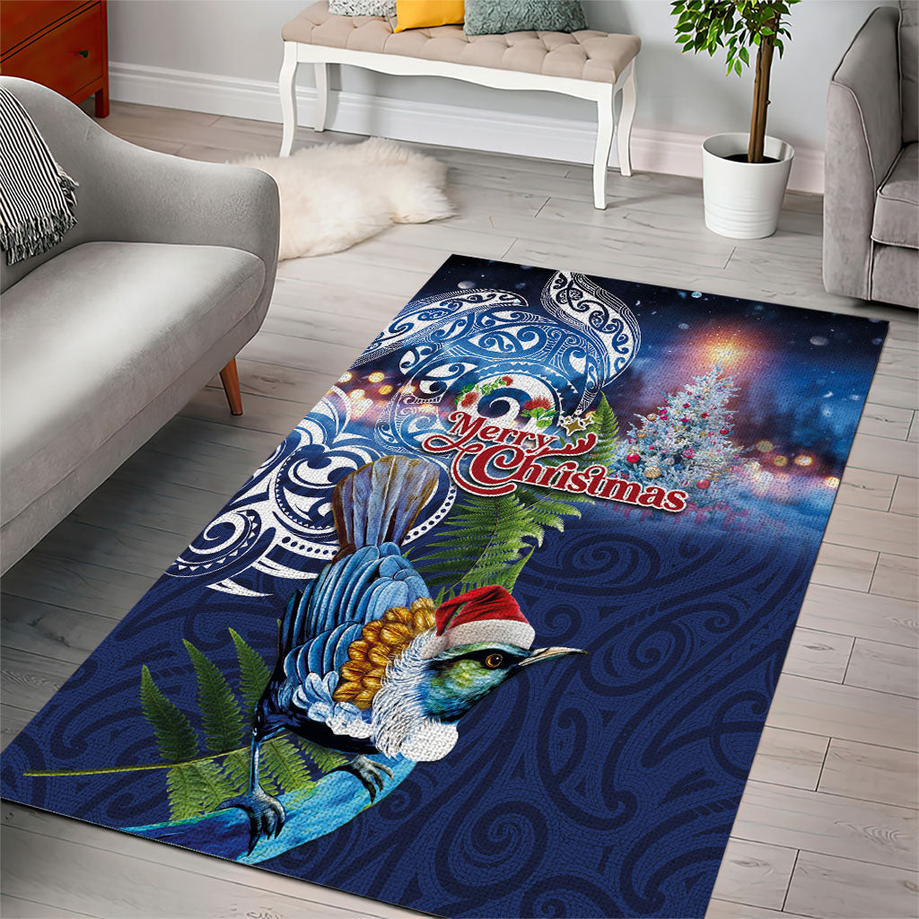 New Zealand Merry Christmas Area Rug Maori Tribal Pattern with Xmas Tui Bird