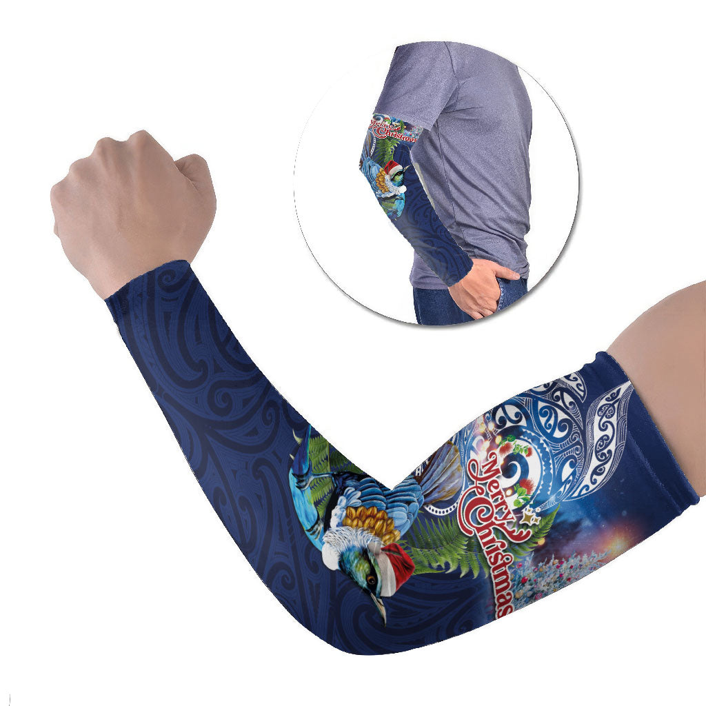 New Zealand Merry Christmas Arm Sleeves Maori Tribal Pattern with Xmas Tui Bird