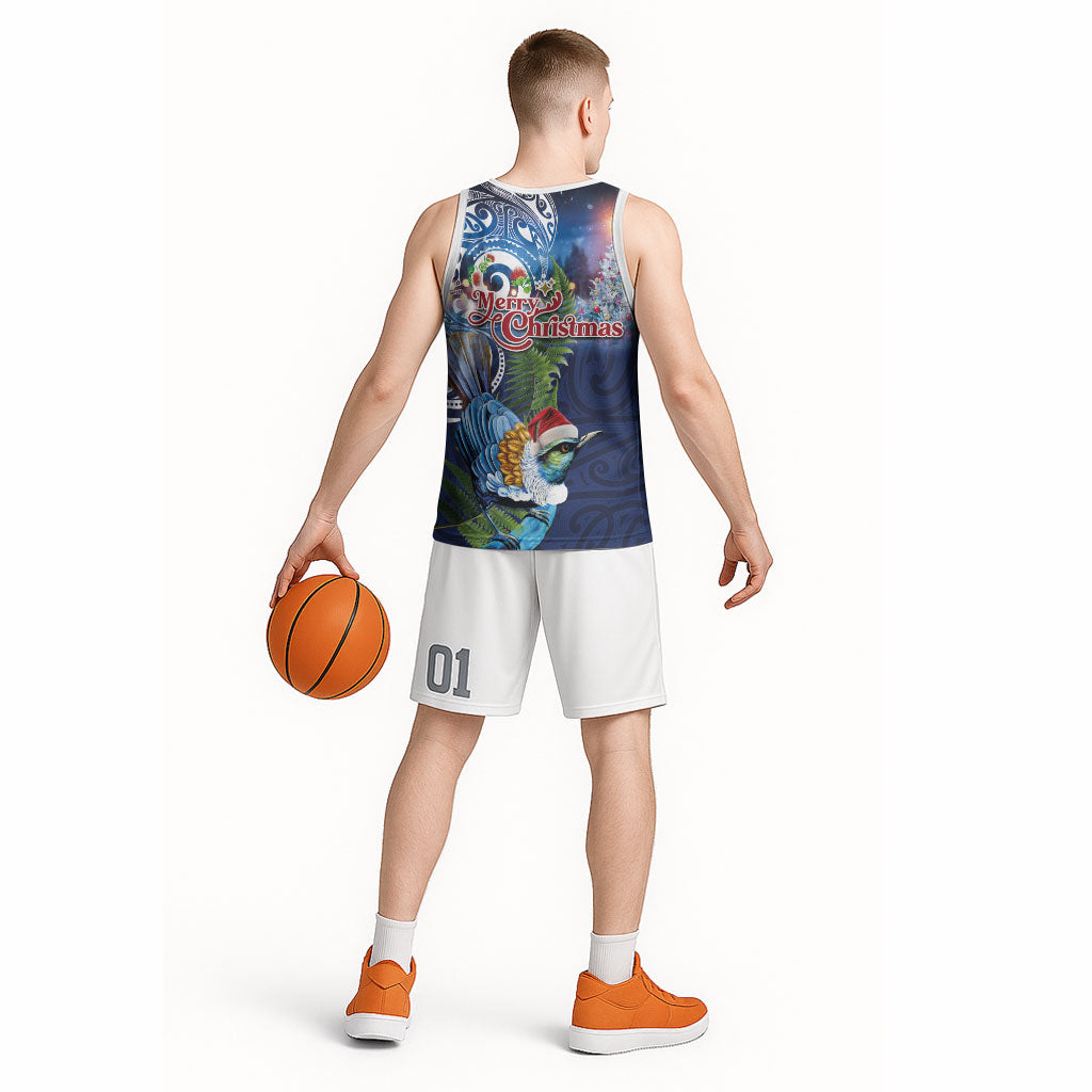 New Zealand Merry Christmas Basketball Jersey Maori Tribal Pattern with Xmas Tui Bird