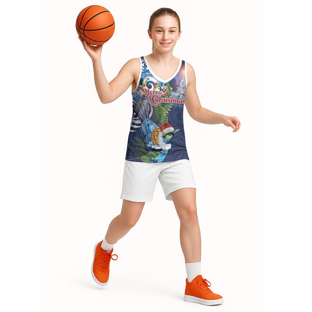 New Zealand Merry Christmas Basketball Jersey Maori Tribal Pattern with Xmas Tui Bird