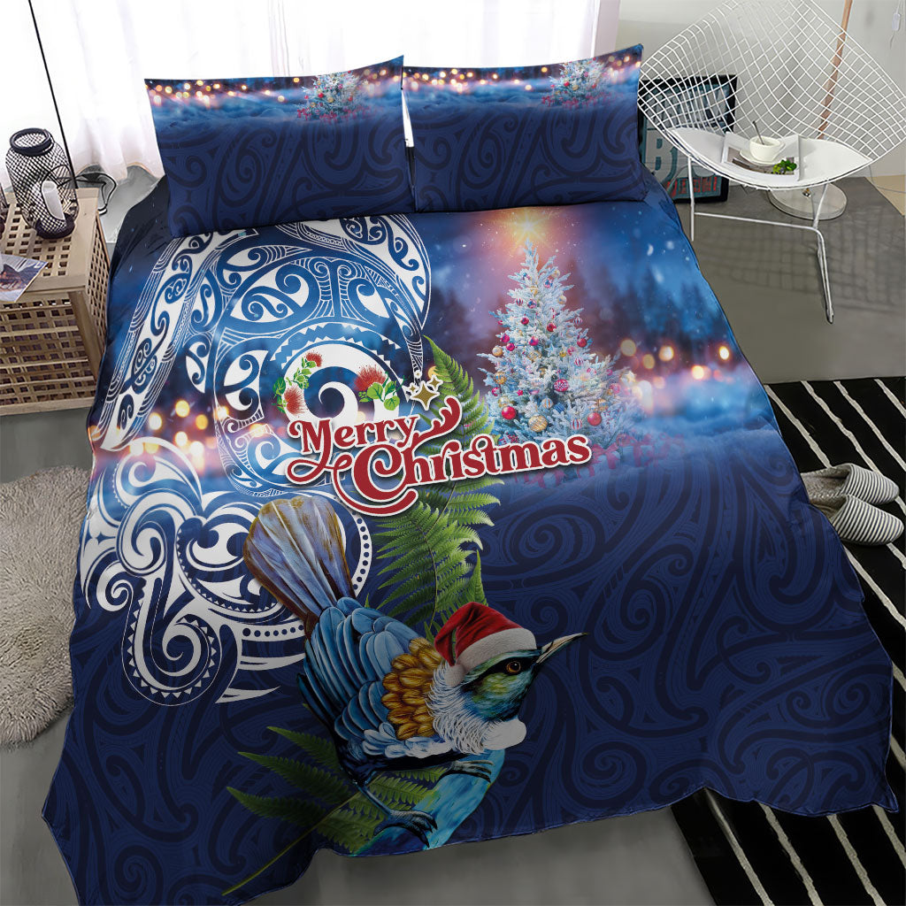 New Zealand Merry Christmas Bedding Set Maori Tribal Pattern with Xmas Tui Bird