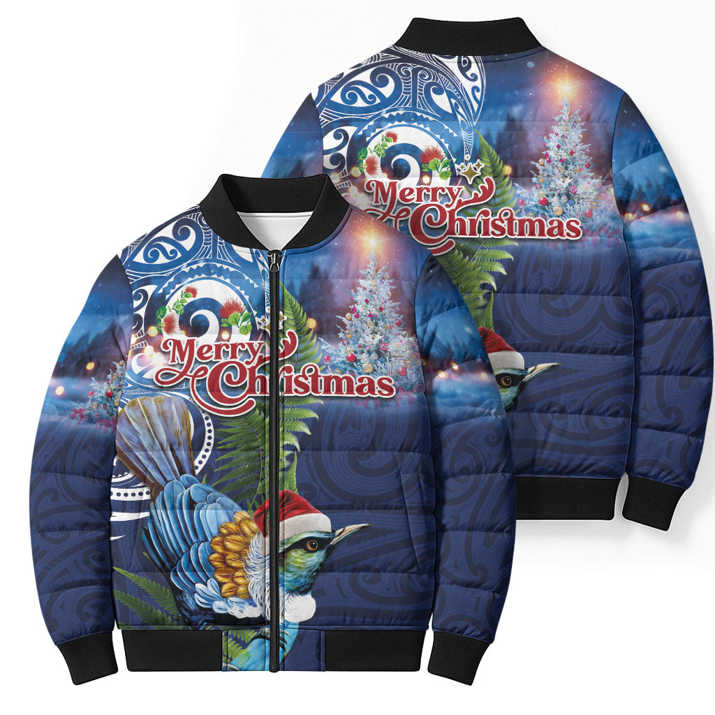 New Zealand Merry Christmas Bomber Puffer Jacket Maori Tribal Pattern with Xmas Tui Bird