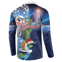 New Zealand Merry Christmas Button Sweatshirt Maori Tribal Pattern with Xmas Tui Bird