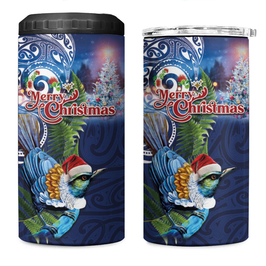 New Zealand Merry Christmas 4 in 1 Can Cooler Tumbler Maori Tribal Pattern with Xmas Tui Bird