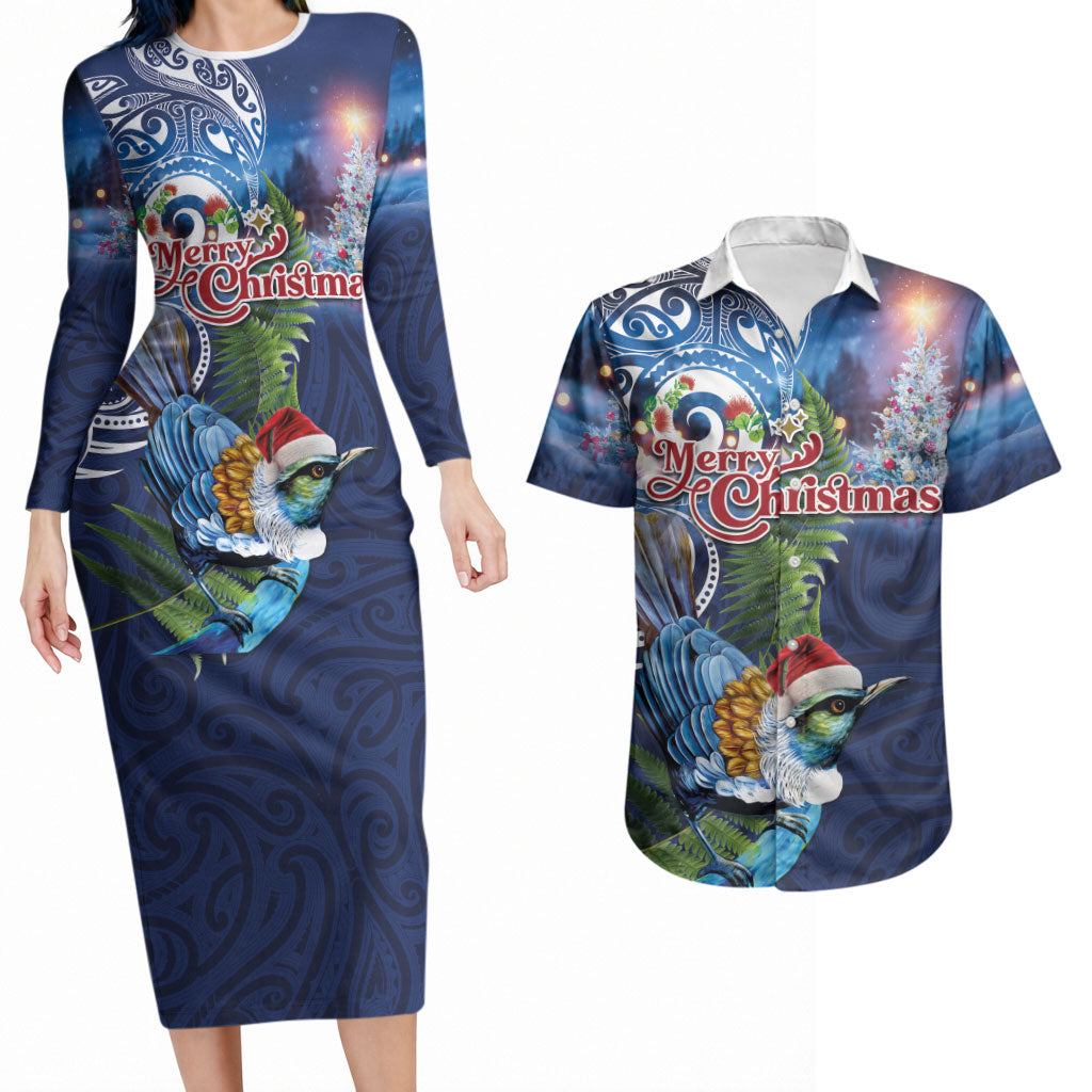 New Zealand Merry Christmas Couples Matching Long Sleeve Bodycon Dress and Hawaiian Shirt Maori Tribal Pattern with Xmas Tui Bird LT03 Multicolor - Polynesian Pride