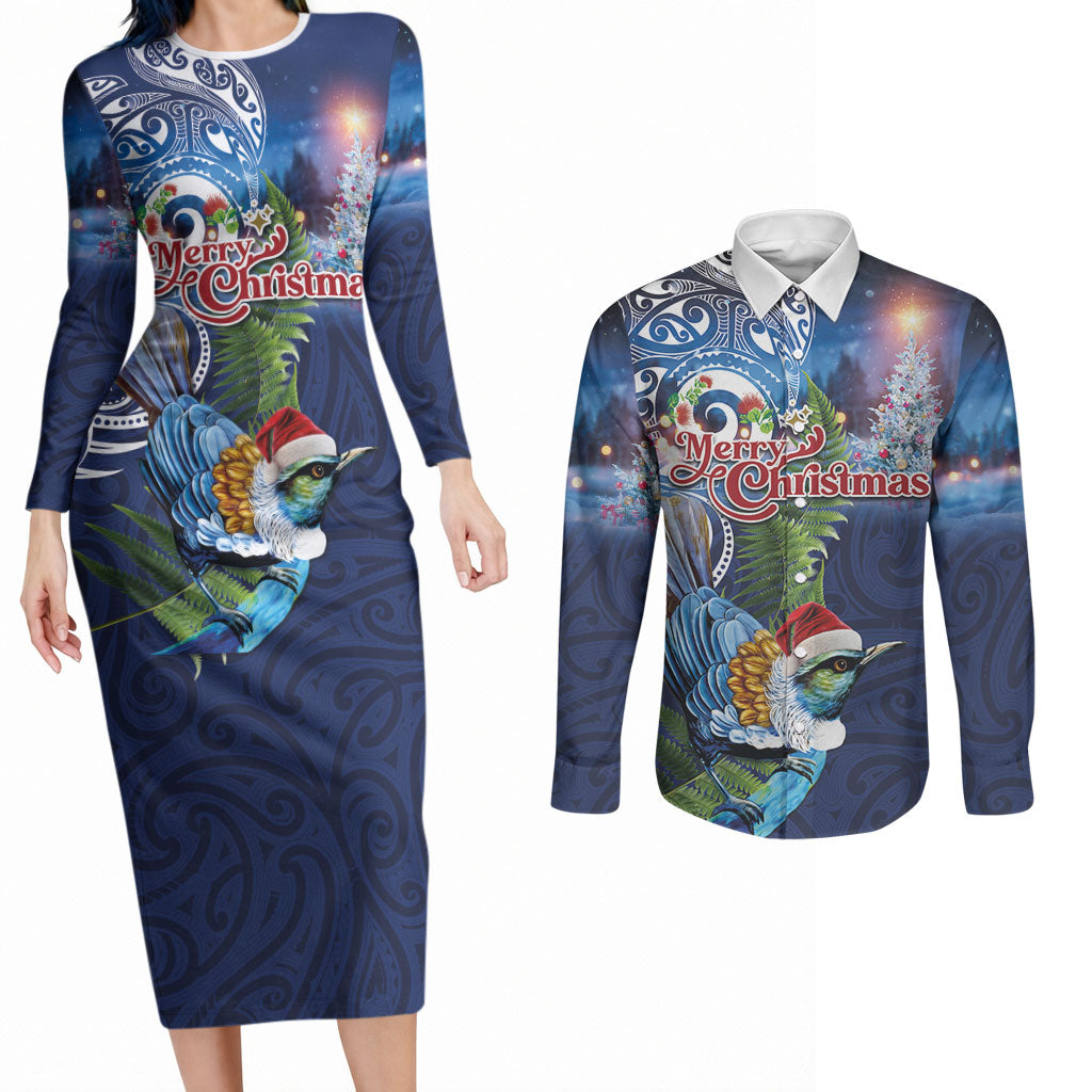 New Zealand Merry Christmas Couples Matching Long Sleeve Bodycon Dress and Long Sleeve Button Shirt Maori Tribal Pattern with Xmas Tui Bird LT03 Multicolor - Polynesian Pride