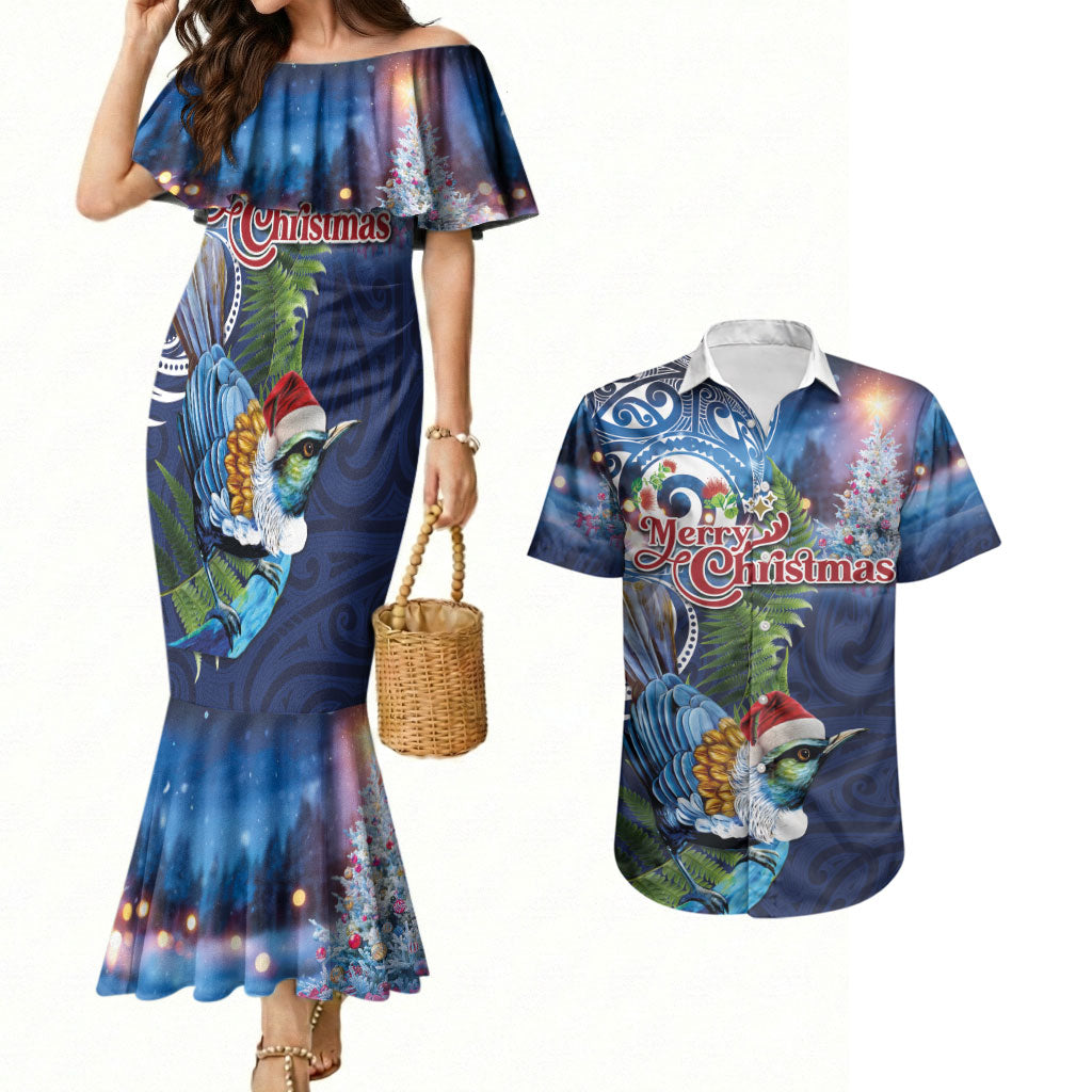 New Zealand Merry Christmas Couples Matching Mermaid Dress and Hawaiian Shirt Maori Tribal Pattern with Xmas Tui Bird LT03 Multicolor - Polynesian Pride