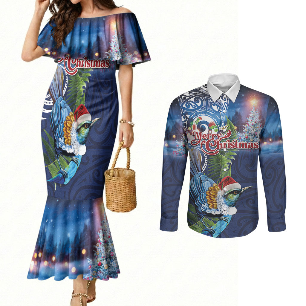 New Zealand Merry Christmas Couples Matching Mermaid Dress and Long Sleeve Button Shirt Maori Tribal Pattern with Xmas Tui Bird LT03 Multicolor - Polynesian Pride