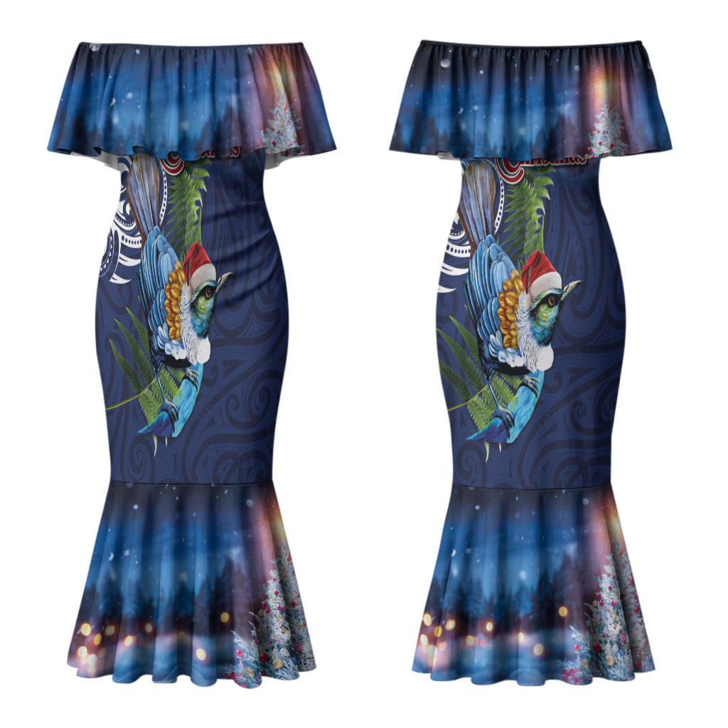 New Zealand Merry Christmas Couples Matching Mermaid Dress and Long Sleeve Button Shirt Maori Tribal Pattern with Xmas Tui Bird LT03 - Polynesian Pride