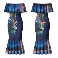 New Zealand Merry Christmas Couples Matching Mermaid Dress and Long Sleeve Button Shirt Maori Tribal Pattern with Xmas Tui Bird LT03 - Polynesian Pride