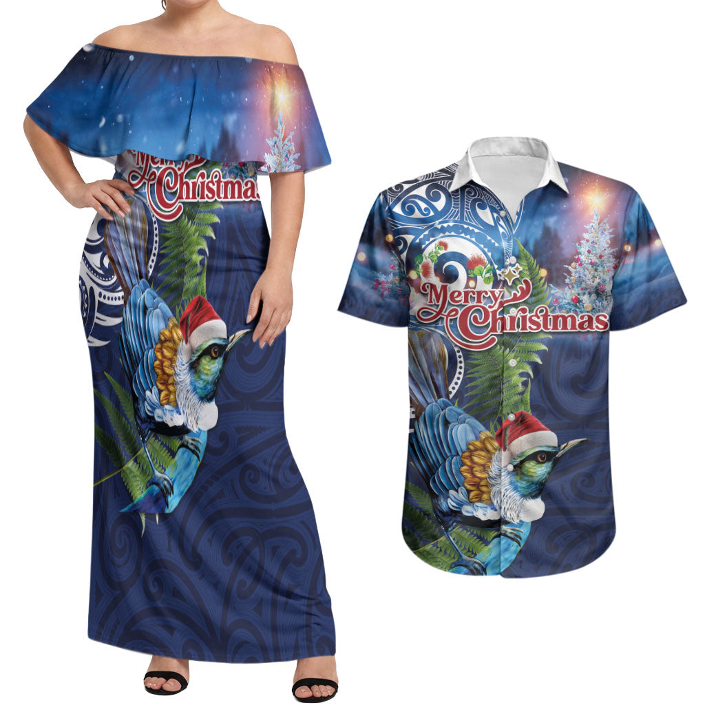 New Zealand Merry Christmas Couples Matching Off Shoulder Maxi Dress and Hawaiian Shirt Maori Tribal Pattern with Xmas Tui Bird LT03 Multicolor - Polynesian Pride