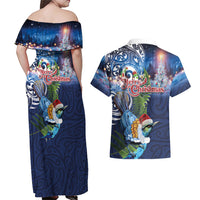 New Zealand Merry Christmas Couples Matching Off Shoulder Maxi Dress and Hawaiian Shirt Maori Tribal Pattern with Xmas Tui Bird