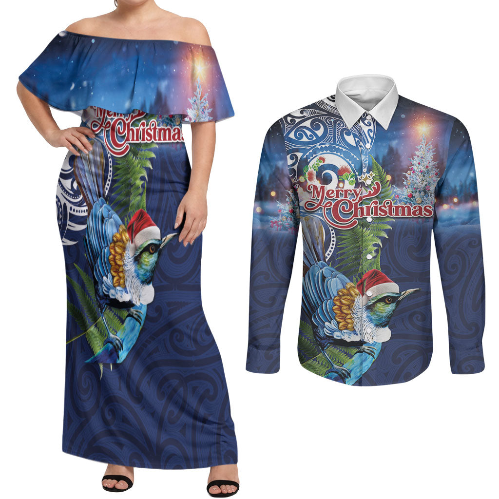 New Zealand Merry Christmas Couples Matching Off Shoulder Maxi Dress and Long Sleeve Button Shirt Maori Tribal Pattern with Xmas Tui Bird LT03 Multicolor - Polynesian Pride