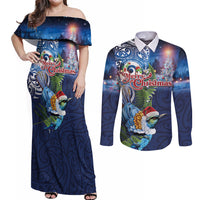 New Zealand Merry Christmas Couples Matching Off Shoulder Maxi Dress and Long Sleeve Button Shirt Maori Tribal Pattern with Xmas Tui Bird