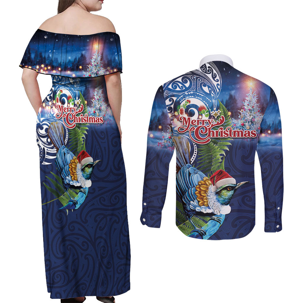 New Zealand Merry Christmas Couples Matching Off Shoulder Maxi Dress and Long Sleeve Button Shirt Maori Tribal Pattern with Xmas Tui Bird