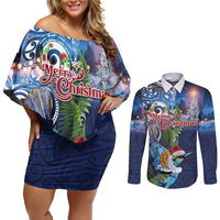 New Zealand Merry Christmas Couples Matching Off Shoulder Short Dress and Long Sleeve Button Shirt Maori Tribal Pattern with Xmas Tui Bird