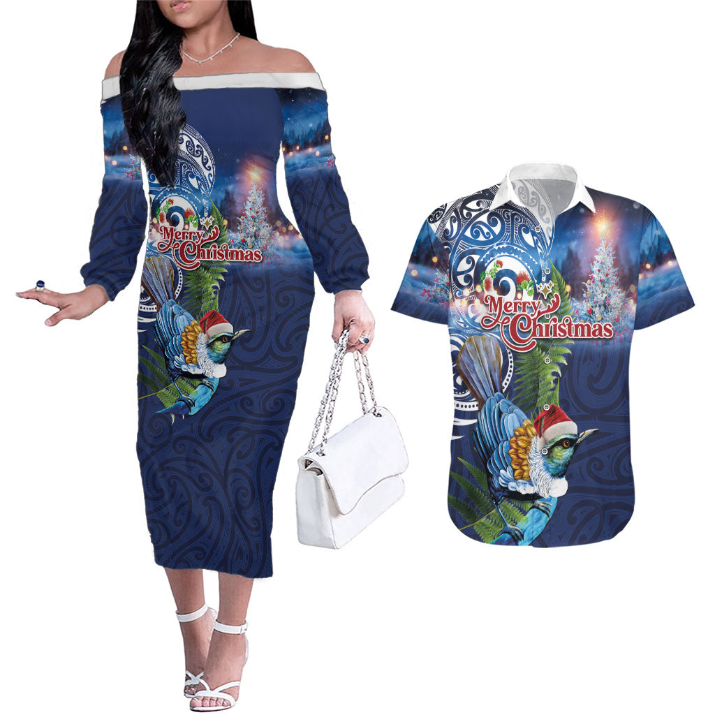 New Zealand Merry Christmas Couples Matching Off The Shoulder Long Sleeve Dress and Hawaiian Shirt Maori Tribal Pattern with Xmas Tui Bird