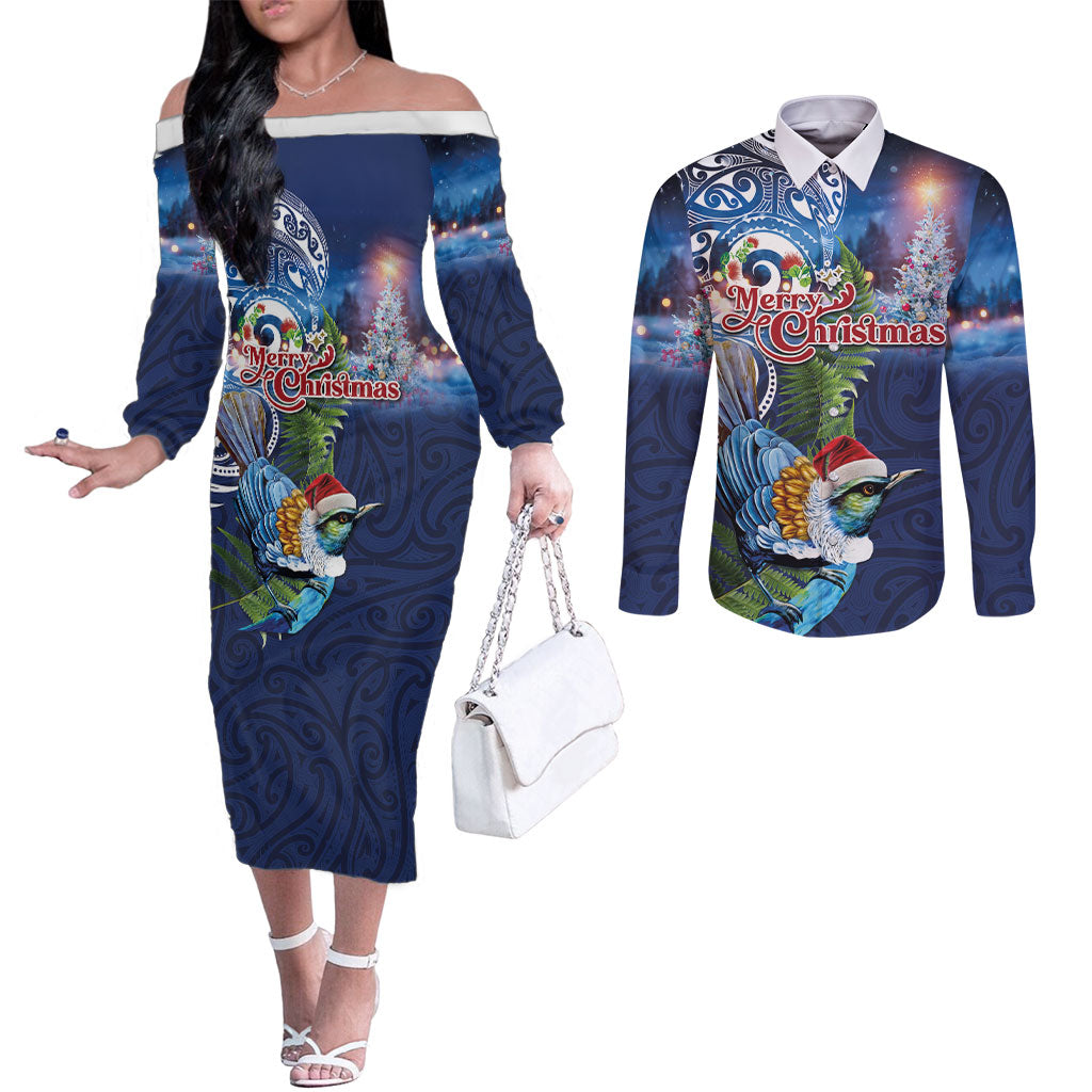 New Zealand Merry Christmas Couples Matching Off The Shoulder Long Sleeve Dress and Long Sleeve Button Shirt Maori Tribal Pattern with Xmas Tui Bird