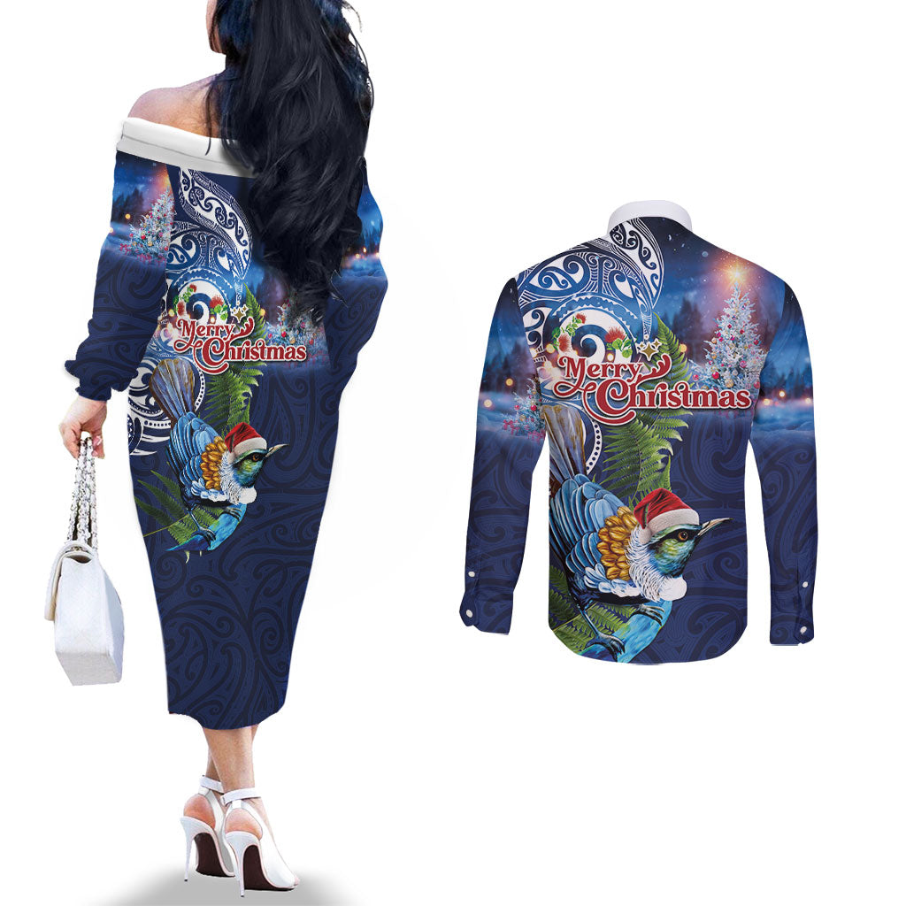 New Zealand Merry Christmas Couples Matching Off The Shoulder Long Sleeve Dress and Long Sleeve Button Shirt Maori Tribal Pattern with Xmas Tui Bird