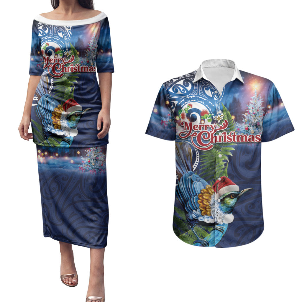 New Zealand Merry Christmas Couples Matching Puletasi and Hawaiian Shirt Maori Tribal Pattern with Xmas Tui Bird LT03 Multicolor - Polynesian Pride