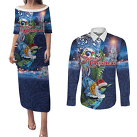 New Zealand Merry Christmas Couples Matching Puletasi and Long Sleeve Button Shirt Maori Tribal Pattern with Xmas Tui Bird