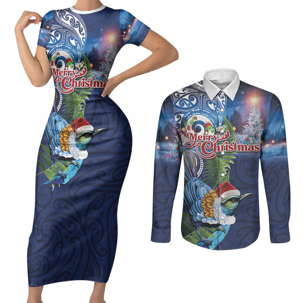 New Zealand Merry Christmas Couples Matching Short Sleeve Bodycon Dress and Long Sleeve Button Shirt Maori Tribal Pattern with Xmas Tui Bird LT03 Multicolor - Polynesian Pride