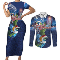 New Zealand Merry Christmas Couples Matching Short Sleeve Bodycon Dress and Long Sleeve Button Shirt Maori Tribal Pattern with Xmas Tui Bird
