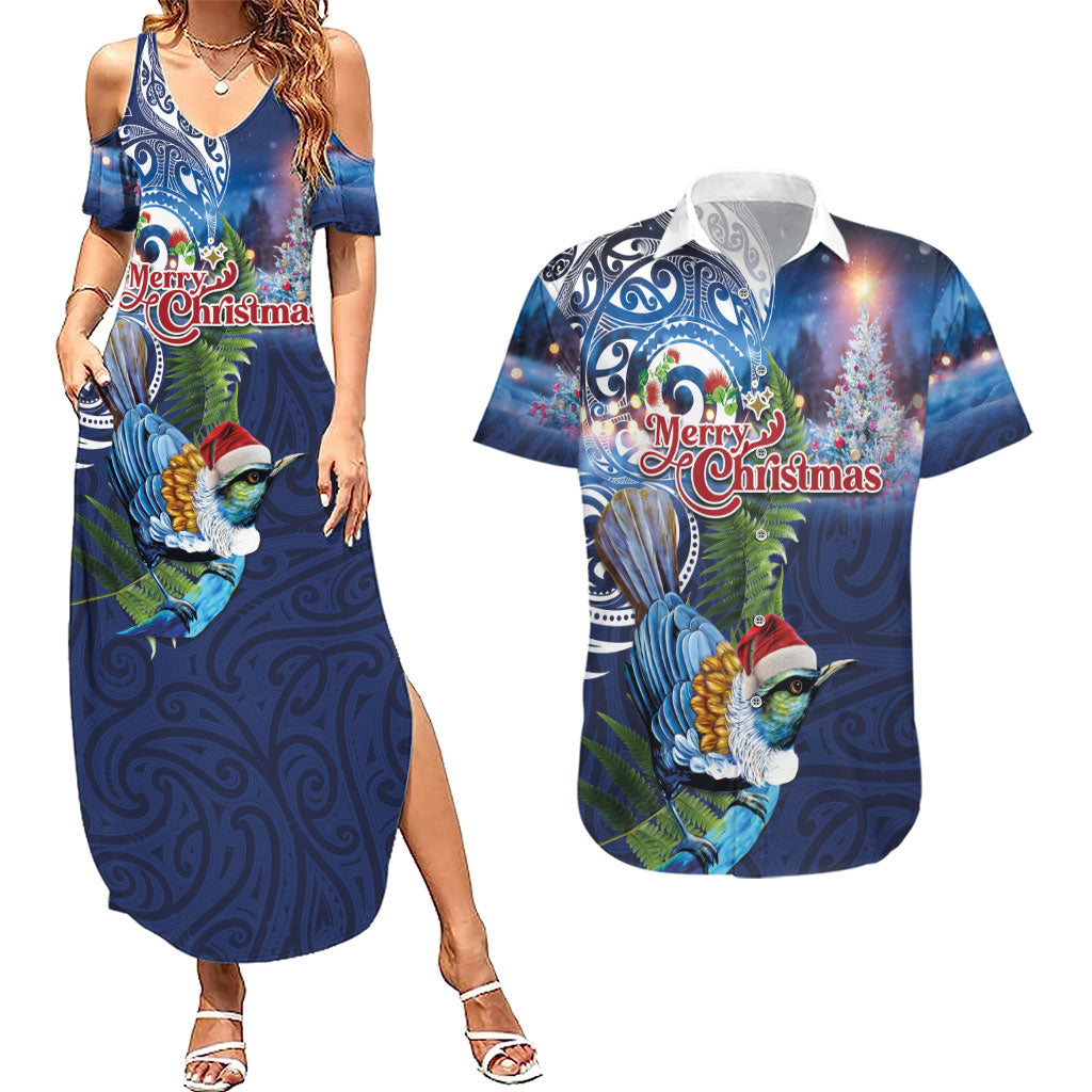 New Zealand Merry Christmas Couples Matching Summer Maxi Dress and Hawaiian Shirt Maori Tribal Pattern with Xmas Tui Bird