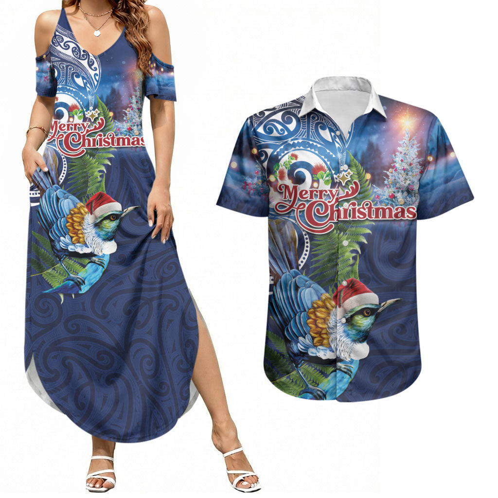 New Zealand Merry Christmas Couples Matching Summer Maxi Dress and Hawaiian Shirt Maori Tribal Pattern with Xmas Tui Bird LT03 Multicolor - Polynesian Pride