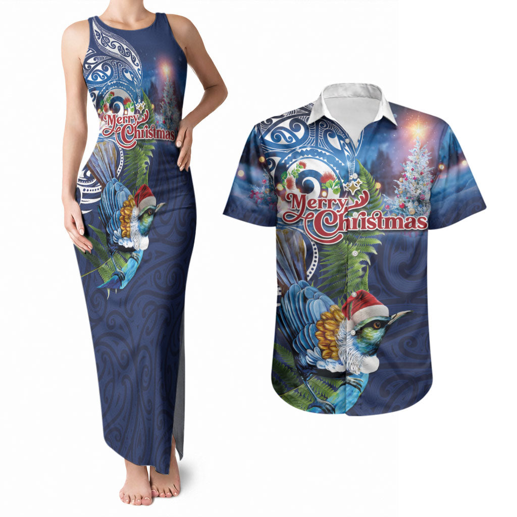 New Zealand Merry Christmas Couples Matching Tank Maxi Dress and Hawaiian Shirt Maori Tribal Pattern with Xmas Tui Bird LT03 Multicolor - Polynesian Pride