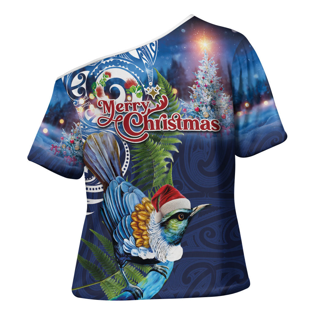 New Zealand Merry Christmas Cross Shoulder Shirt Maori Tribal Pattern with Xmas Tui Bird