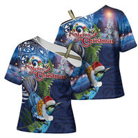 New Zealand Merry Christmas Cross Shoulder Shirt Maori Tribal Pattern with Xmas Tui Bird