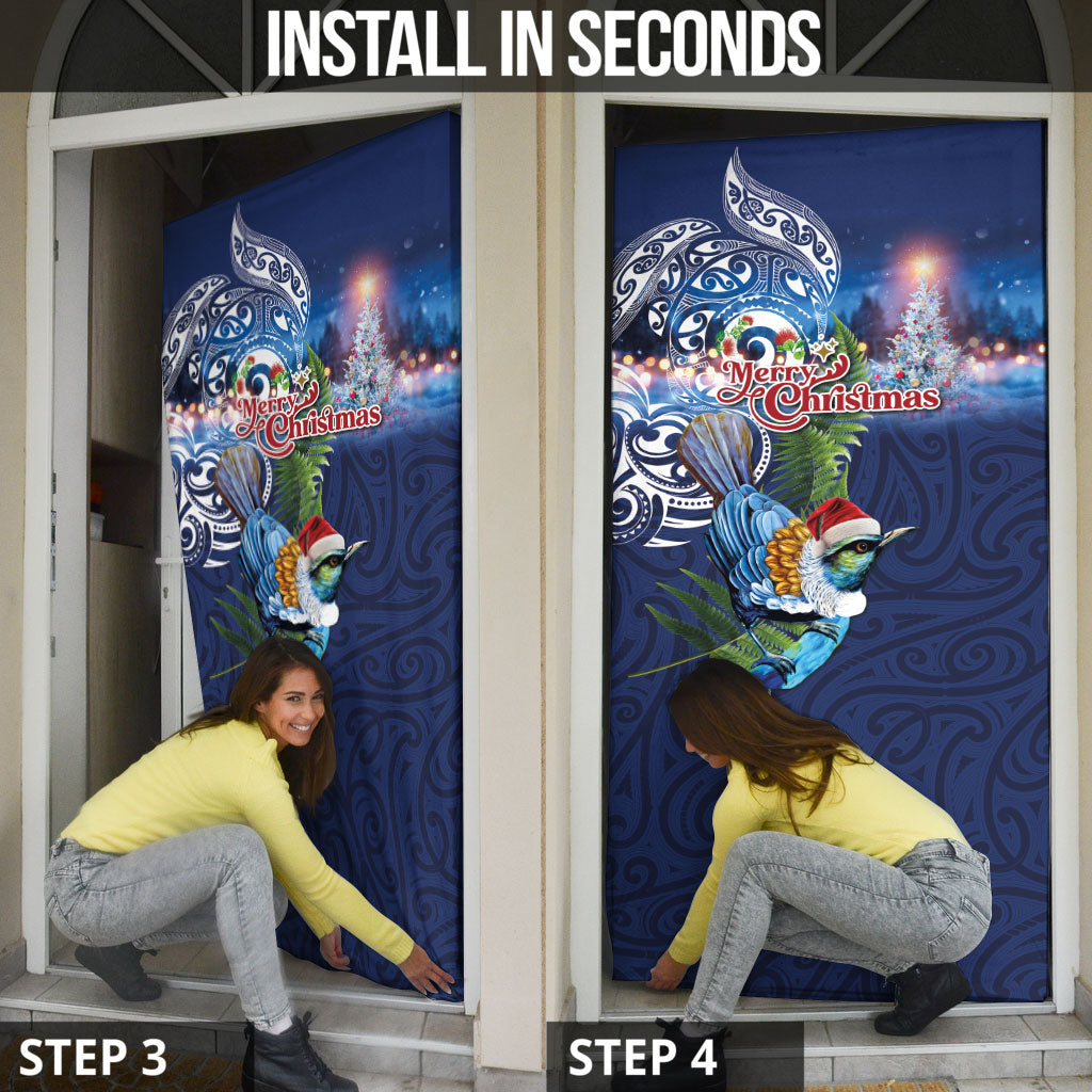 New Zealand Merry Christmas Door Cover Maori Tribal Pattern with Xmas Tui Bird