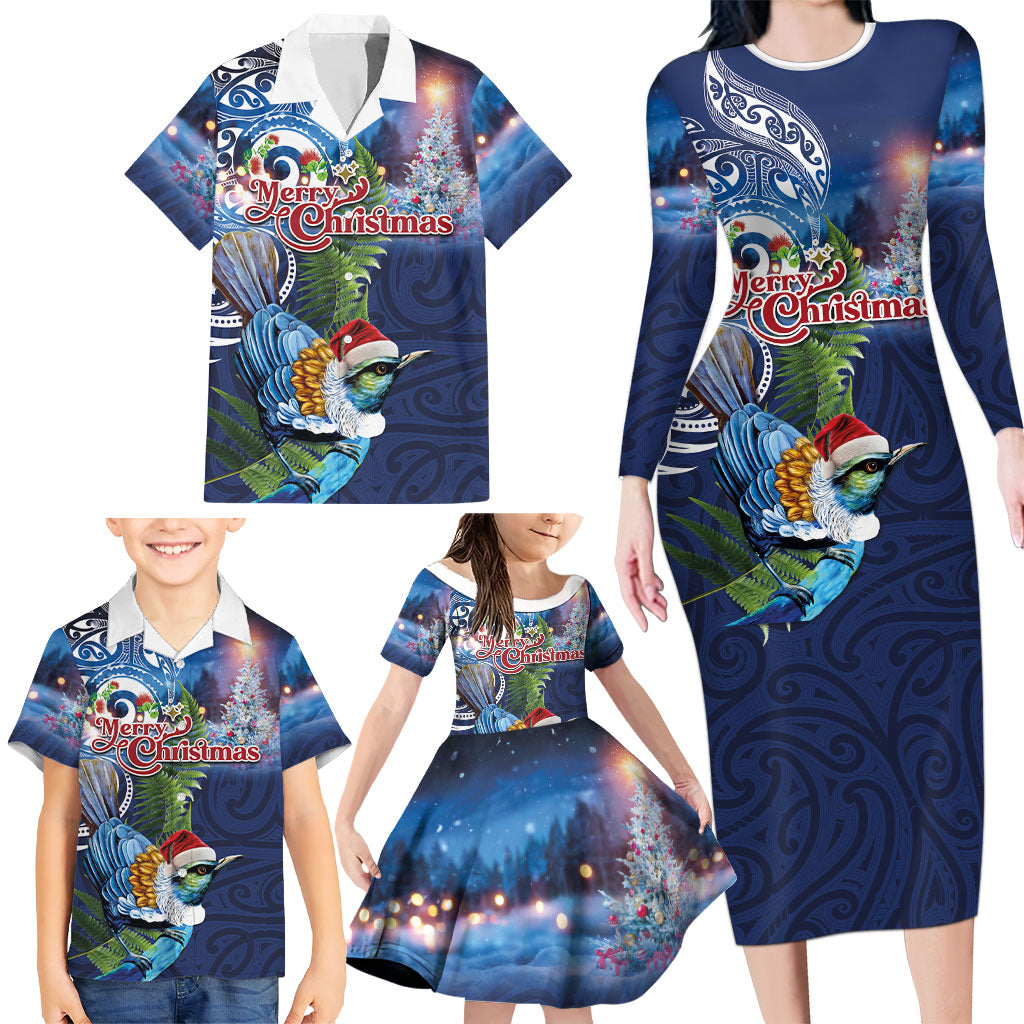 New Zealand Merry Christmas Family Matching Long Sleeve Bodycon Dress and Hawaiian Shirt Maori Tribal Pattern with Xmas Tui Bird