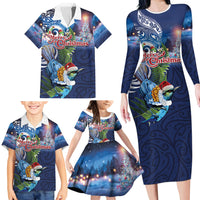 New Zealand Merry Christmas Family Matching Long Sleeve Bodycon Dress and Hawaiian Shirt Maori Tribal Pattern with Xmas Tui Bird