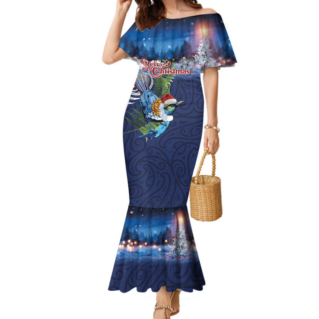 New Zealand Merry Christmas Family Matching Mermaid Dress and Hawaiian Shirt Maori Tribal Pattern with Xmas Tui Bird
