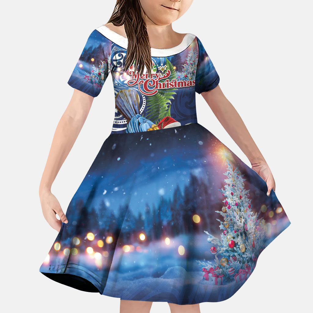 New Zealand Merry Christmas Family Matching Off The Shoulder Long Sleeve Dress and Hawaiian Shirt Maori Tribal Pattern with Xmas Tui Bird