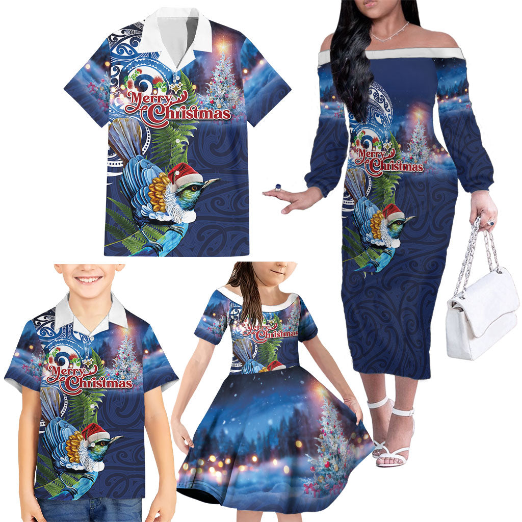 New Zealand Merry Christmas Family Matching Off The Shoulder Long Sleeve Dress and Hawaiian Shirt Maori Tribal Pattern with Xmas Tui Bird