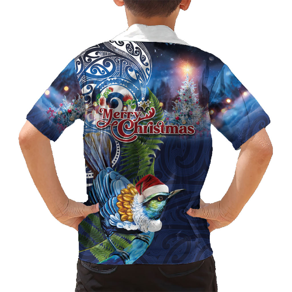 New Zealand Merry Christmas Family Matching Short Sleeve Bodycon Dress and Hawaiian Shirt Maori Tribal Pattern with Xmas Tui Bird