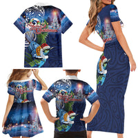 New Zealand Merry Christmas Family Matching Short Sleeve Bodycon Dress and Hawaiian Shirt Maori Tribal Pattern with Xmas Tui Bird