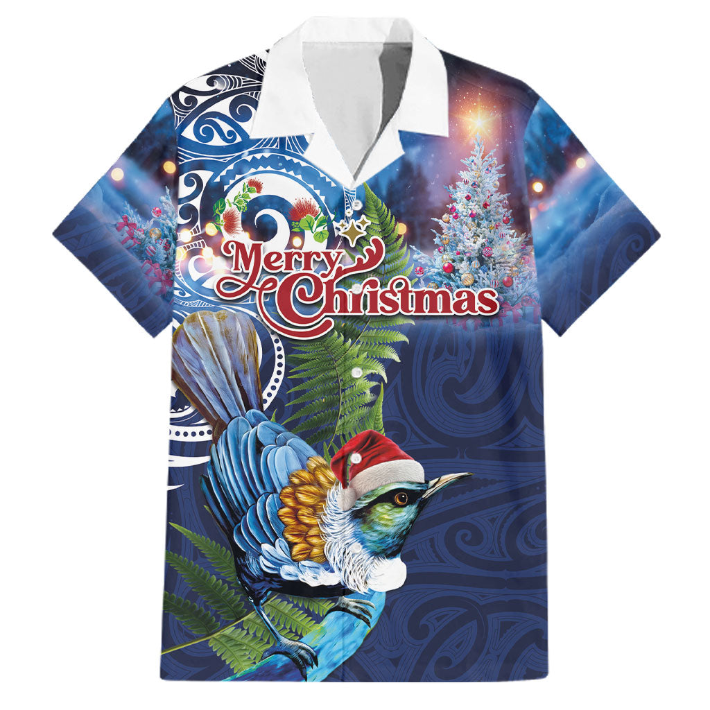 New Zealand Merry Christmas Family Matching Short Sleeve Bodycon Dress and Hawaiian Shirt Maori Tribal Pattern with Xmas Tui Bird